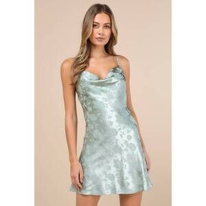 Lulus Close To Your Heart Sage Green Satin Jacquard Cowl Slip Dress - Size S